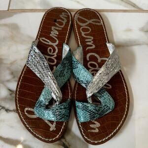 Sam Edelman Gwen Sandals Women’s Turquoise/Silver Snake Print Slide Size 8.5
